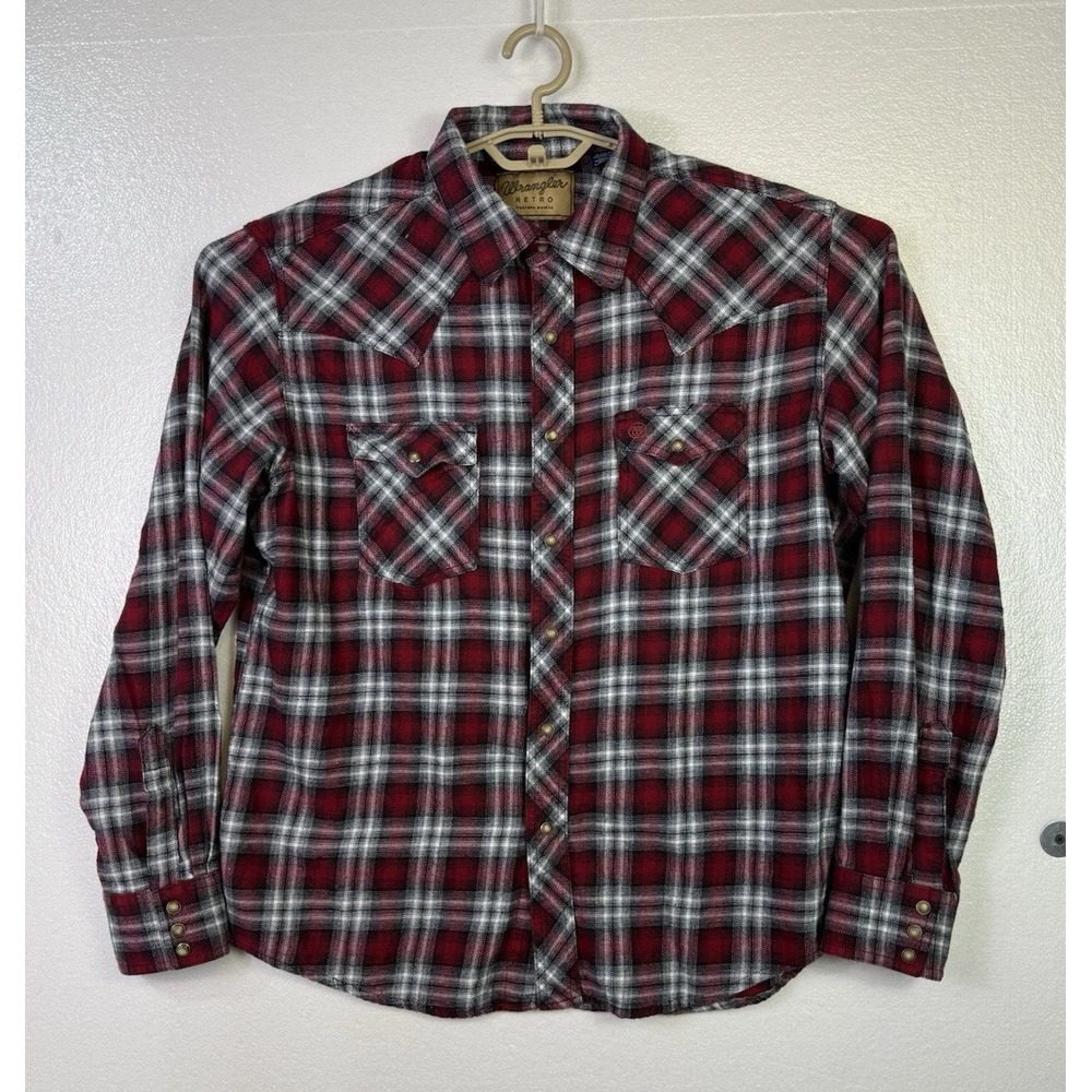 Wrangler Retro Flannel Shirt Mens‎ Pearl Snap Sz XL Red Plaid pockets Western